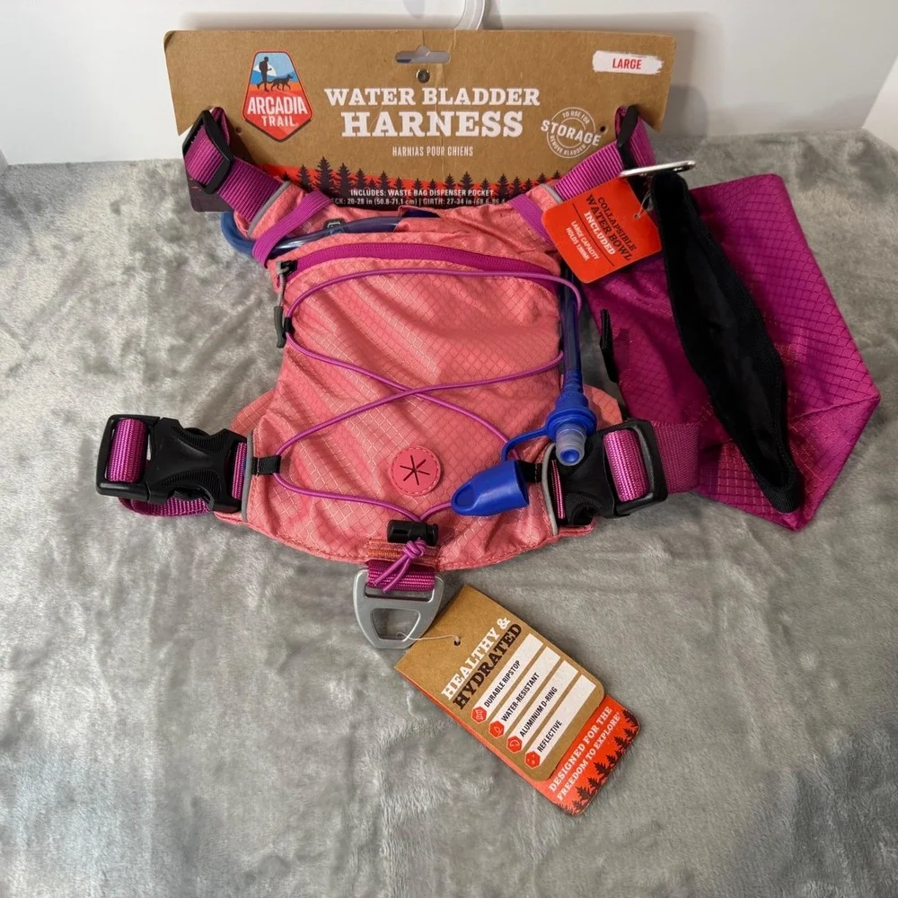Dog Harness Arcadia Trail Water Bladder Hydration Set Pink Large Bowl New‎